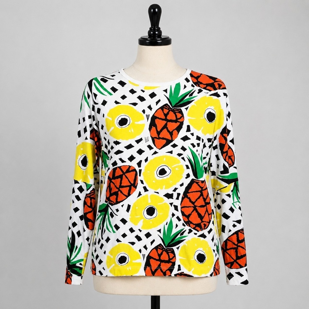 Womens XL Pineapple Print Long Sleeve Top White Orange Yellow Tropical Novelty